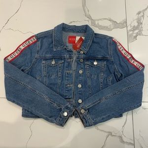 NWT Guess Logo Blue Jean Jacket Cropped Red Silver